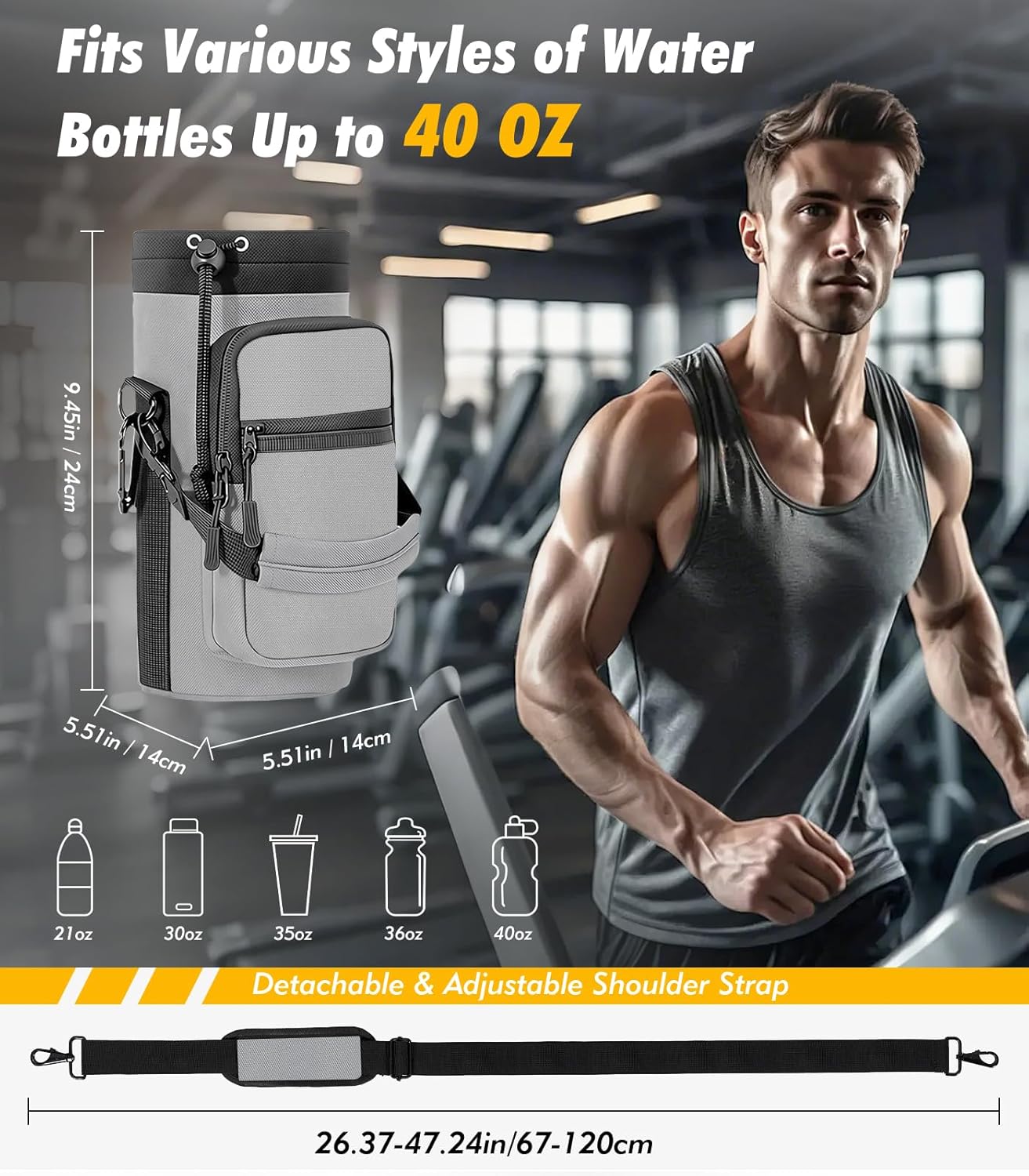 Nuovoware Water Bottle Carrier Bag,25oz/40oz/64oz Bottle Pouch Holder,Adjustable Shoulder Hand Strap 2 Pocket Sling Neoprene Sleeve Sports Accessories for Hiking Travelling Camping