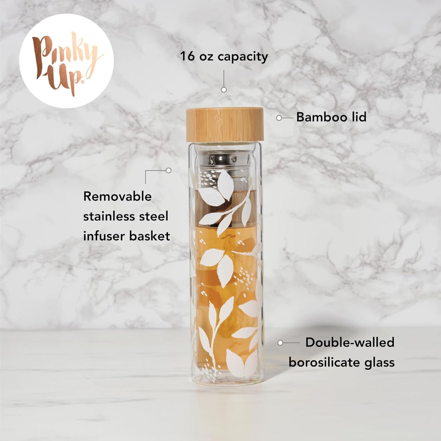 Pinky Up Blair Travel Tea Infuser Mug, Double Walled Insulated Travel Tumbler with Loose Leaf Tea Strainer, Travel Coffee Mug, Keeps Drinks Hot or Cold, 16 oz, White Leaf