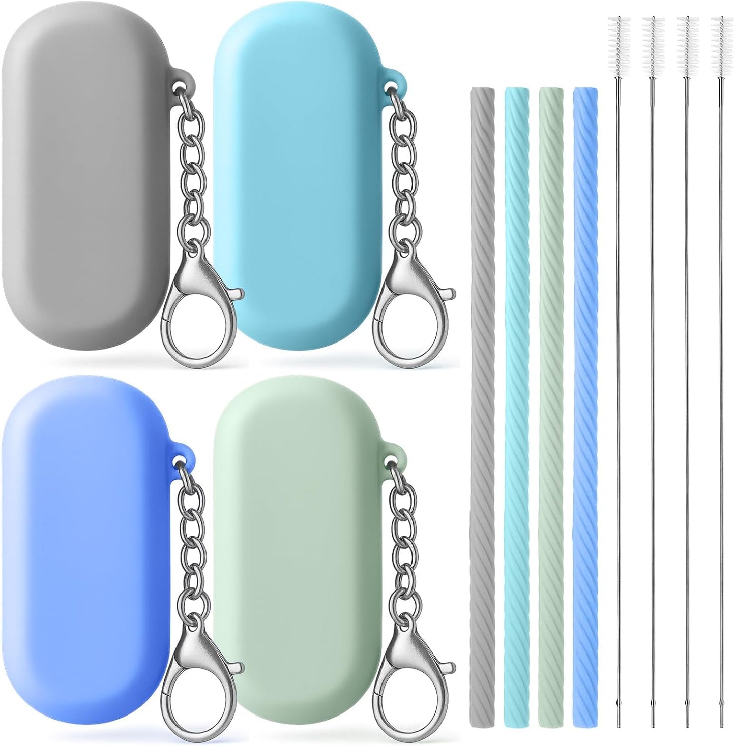 4 Set Portable Straw,Reusable Straws Silicone with Case Silicone Portable Drinking travel Straw Set for Party Travel Cold or Hot with 4 Cleaning Brushes (Purple,Pink,Green, Blue）