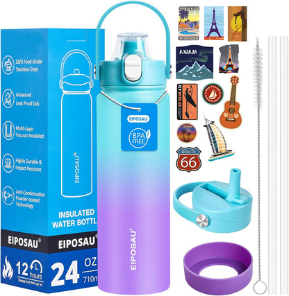 Insulated Water Bottle with Lid & Boot & Stickers, 24 oz Stainless Steel Sweat Free Bottle Keep Cold 24H, BPA-Free Sports Wide Mouth Water Bottle, BlueBlack