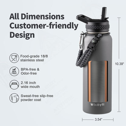 WixByti 40 oz Insulated Water Bottle with Straw (Cold for 36 Hrs), Stainless Steel Triple Wall Vacuum Sports Water Jug, Leakproof Hydro Cup Flask with Paracord Handle & Straw Spout Lids & DIY Stickers