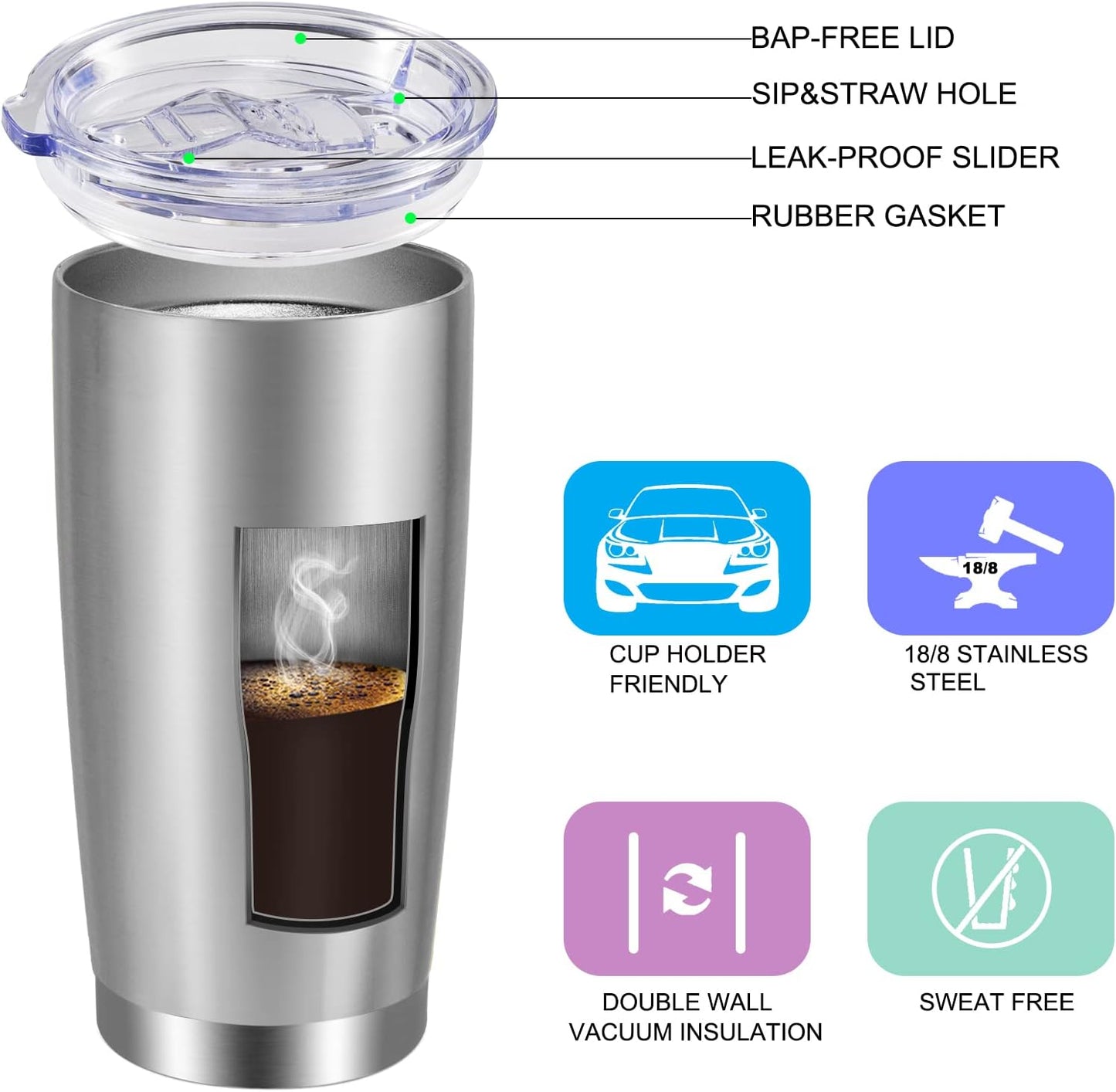 VEGOND 20oz Tumbler with Lid and Straw Stainless Steel Tumbler Cup Bulk Vacuum Insulated Double Wall Travel Coffee Mug Powder Coated Coffee Cup, Black, 12 Pack