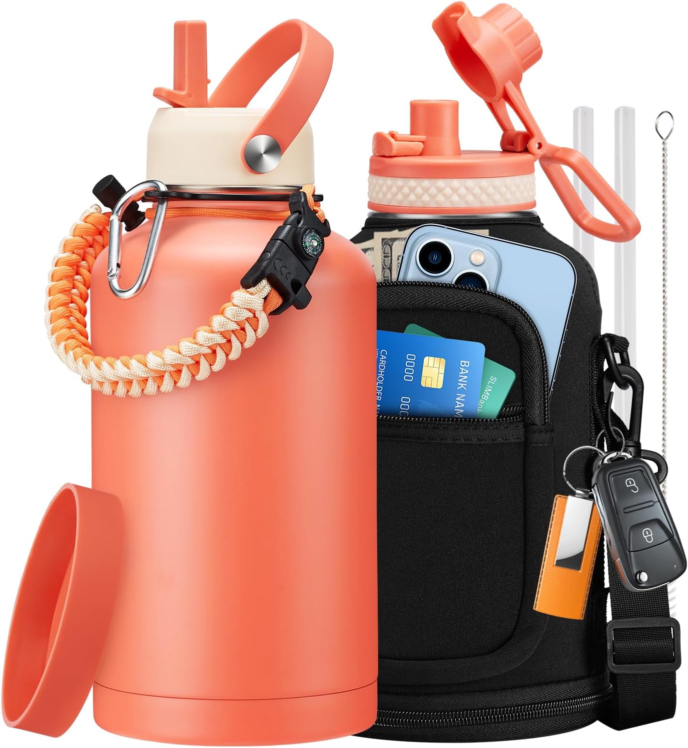 32/40/64OZ Insulated Water Bottle - Keep Cold 48H Hot 24H, Combo Straw/Spout Lids, Paracord Handle for Gym/Hiking, Carrier Bag +Strap, Cup Mat, BPA-Free Stainless Steel Flask Jug