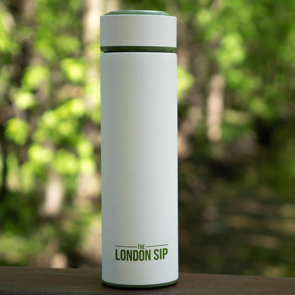 The London Sip Multi-Purpose Travel Mug and Tumbler Fruit Infused Flask Hot and Cold Double Wall Stainless Steel Thermos with Extra-Long Infuser, Purple