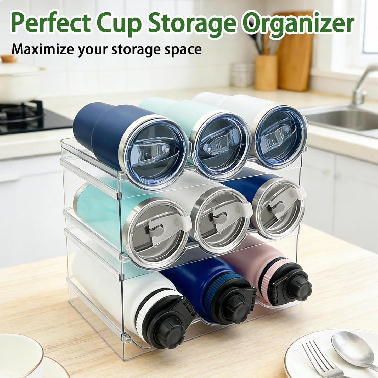 Spaclear 2 Pack Water Bottle Organizer, Stackable Kitchen Pantry Storage Shelf, Plastic Water Bottle Holder for Cabinet and Fridge Organization