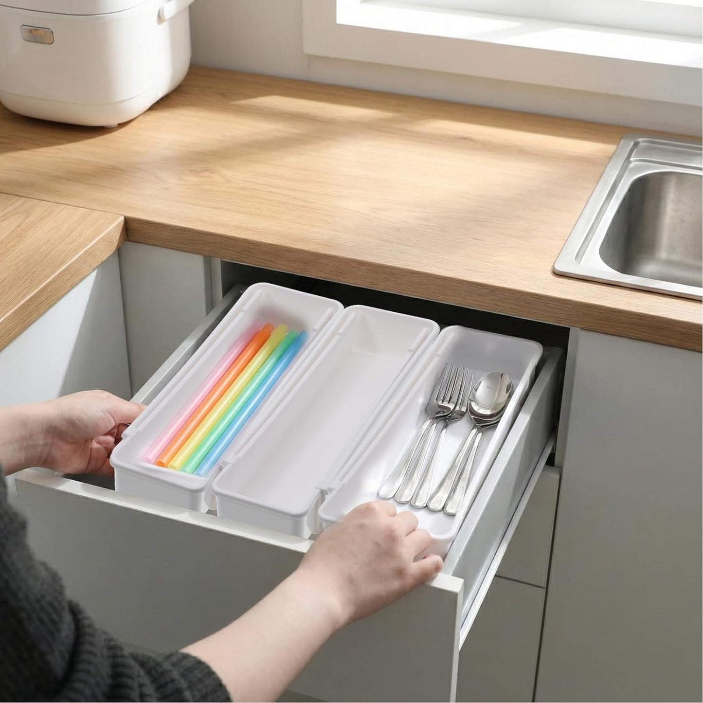 Straw Organizer Drawer Straw Holder Expandable Straws Storage for Cabinet Reusable Long Straws Drawers Organizer Fits for 60oz Long Kitchen Drawer Organizers for Utensils White