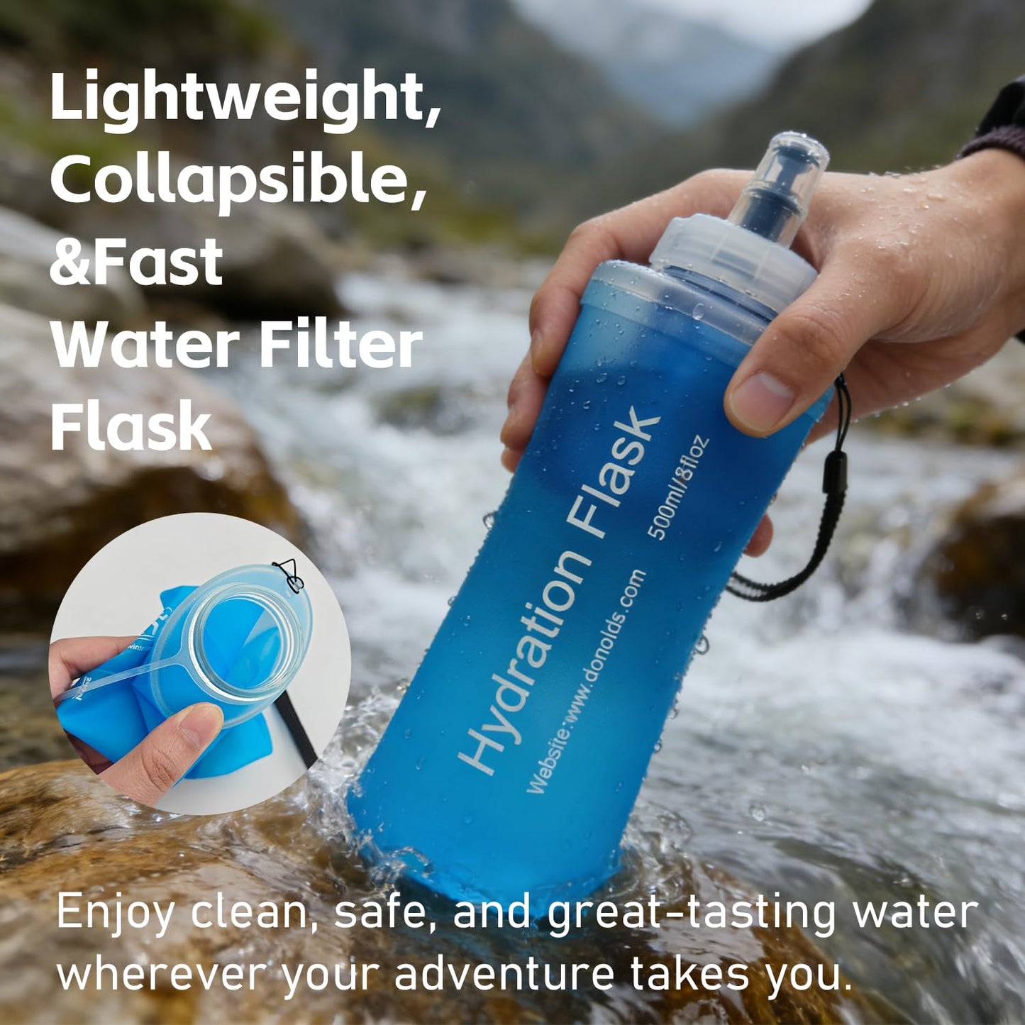 AXEN Collapsible Water Bottle with Filter System, Soft Hydration Flask for Trail Running, Camping, Hiking, Cycling, 700ml Slate Green