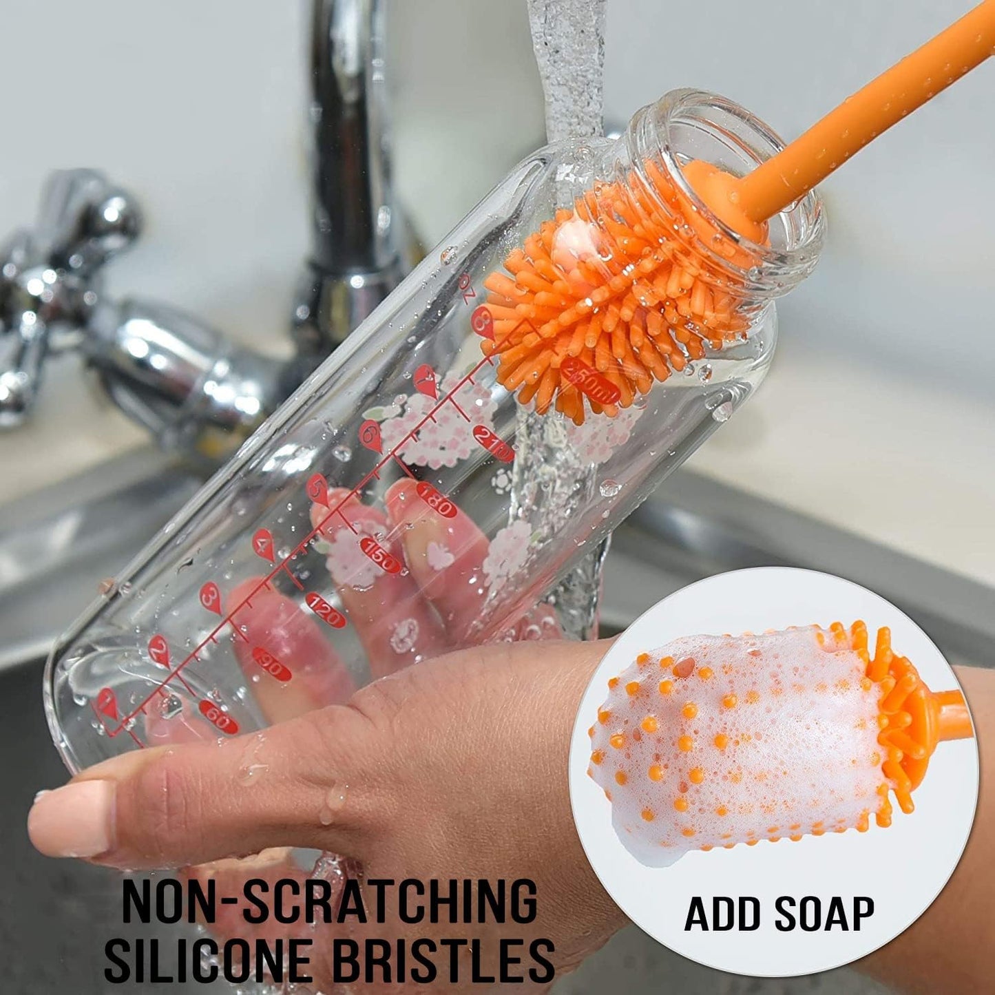Kitchiny Silicone Bottle Brush with 2 Straw Cleaners - 12.5” Water Bottle Cleaner Brush for Yeti, Hydro Flask, Owala, Stanley, Baby Bottles, Glassware, Vases & Narrow Neck Containers - Orange