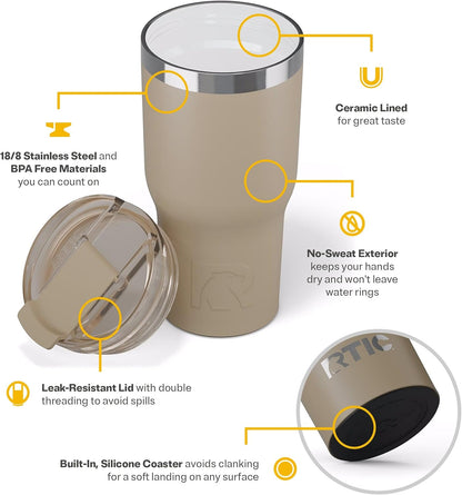 RTIC 20oz Essential Tumbler with Lid, Ceramic Lined, Insulated, Stainless Steel, Metal, Double Wall Vacuum-Insulation, Travel Cup for Iced Coffee, Tea, Hot and Cold Drink, Graphite