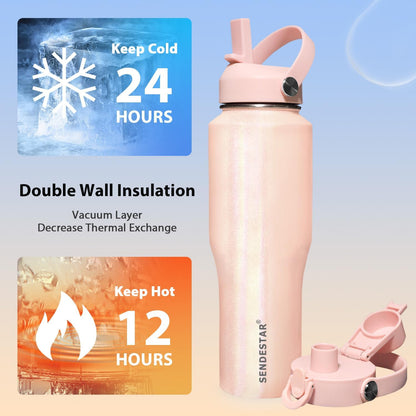 SENDESTAR 40oz Water Bottle Wide Mouth Stainless Steel Vacuum Insulated Double Wall with Straw Lids Fit in Any Car Cup Holder