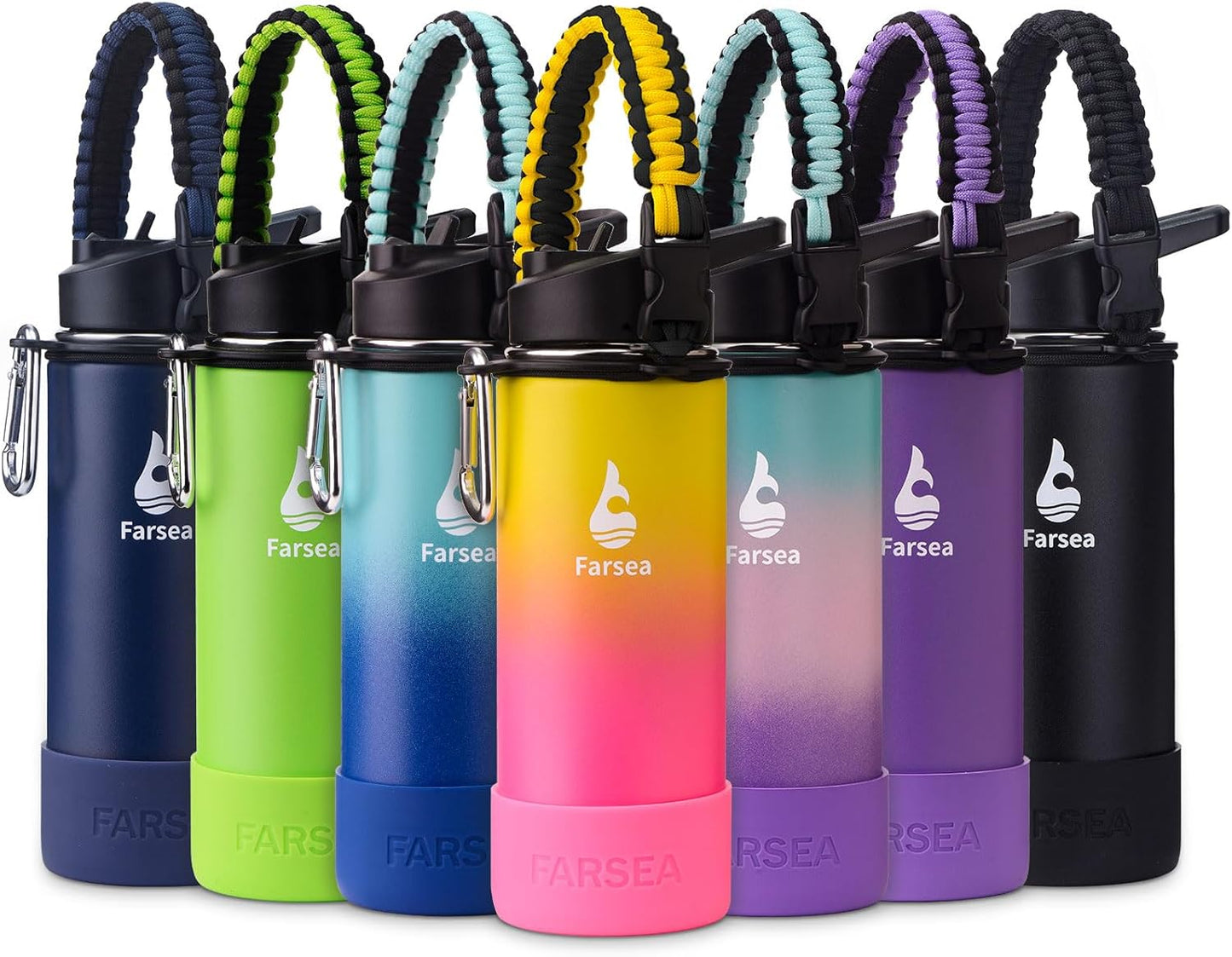 Farsea Insulated Water Bottle With Paracord Handle, Protective Silicone Boot and 2 Lids (Straw Lid & Spout Lid), Stainless Steel Water Bottle Wide Mouth, Double Wall Sweat-Proof BPA-Free, 24 oz