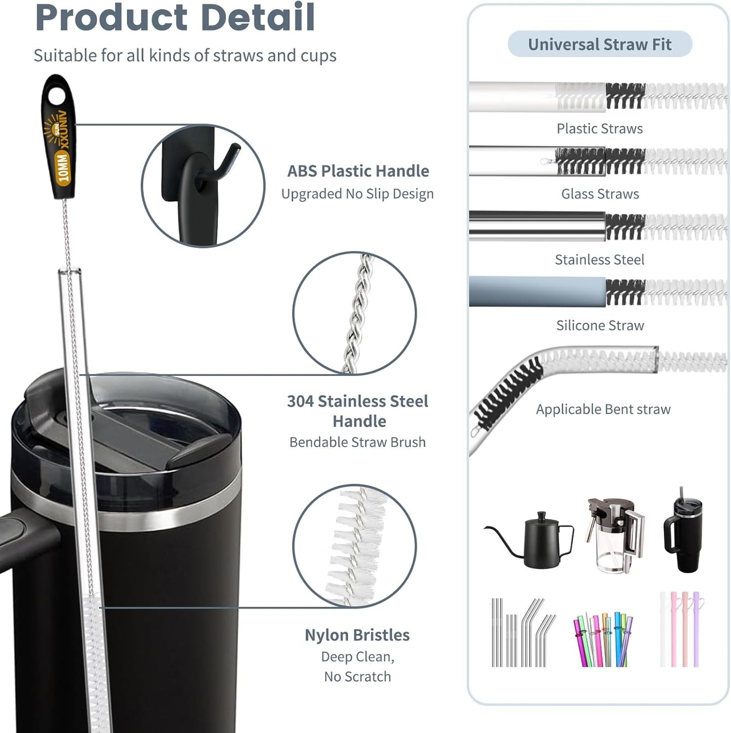 15 Inch Extra Long Straw Cleaner Brush Set, 5 Pcs Reusable Cleaning Brushes for Stanley 40 oz Tumbler, Owala, Yeti, Includes 4 Flexible Straw Brushes and 1 3-in-1 Cup Lid Gap Cleaning Tool(Pink)
