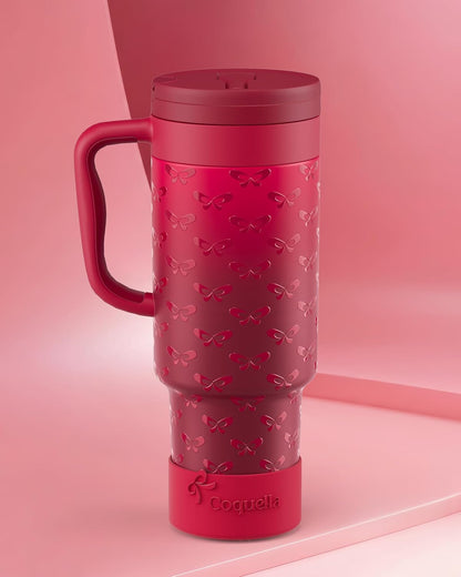 40 oz Insulated Tumbler with Handle and Push-Button Straw Lid, Stainless Steel Travel Cup for Gym Office, Leakproof, BPA-Free, Cup Holder Friendly, Bow Silicone Boot, Purple (Light Lilac)