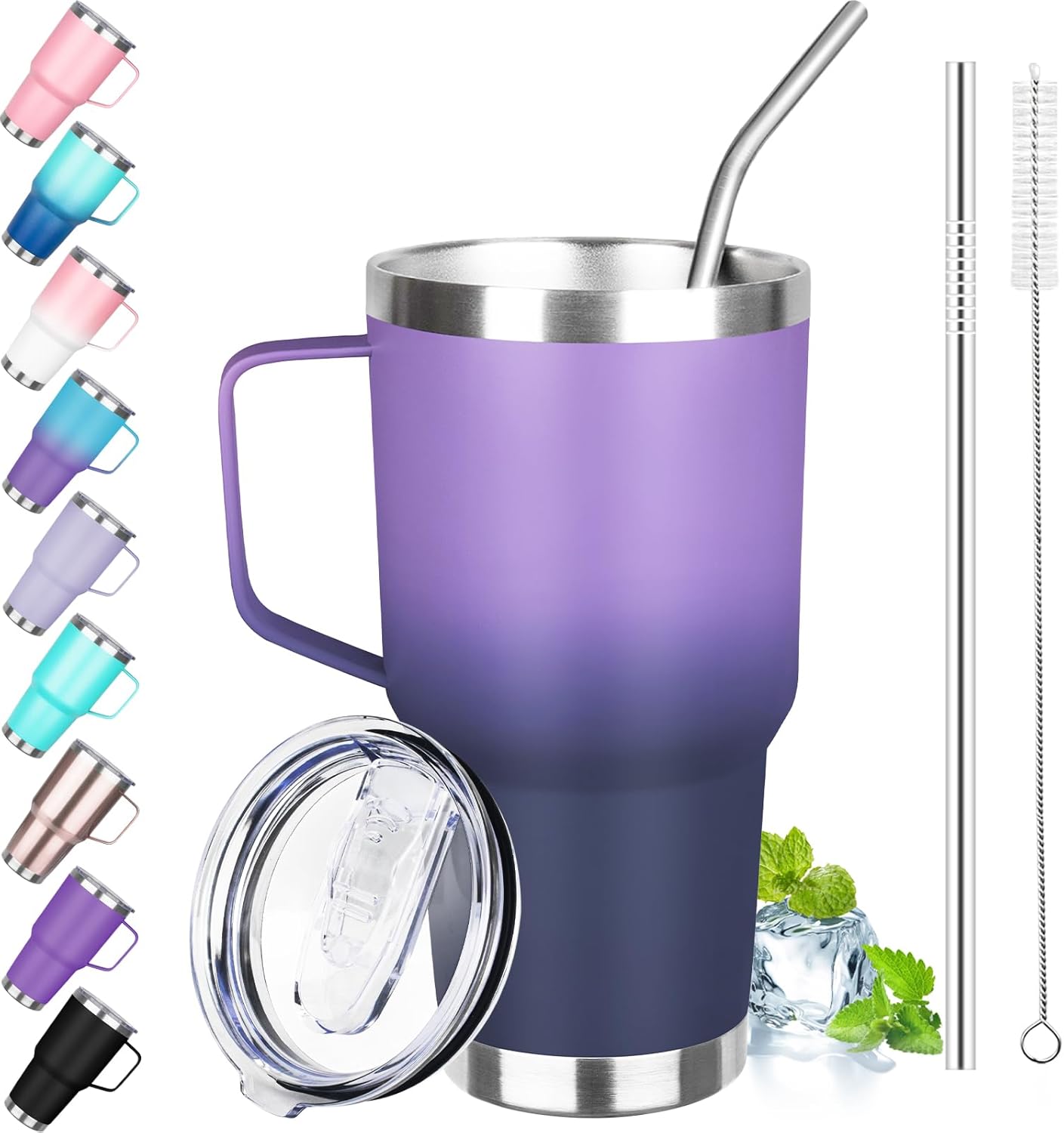 40 oz Tumbler with Handle, Insulated Tumbler with Lid and Straw, Reusable Stainless Steel Vacuum Insulated Cup, 100% Leak Proof Thermal Travel Coffee Mug Cup for Cold and Hot (Light Purple)