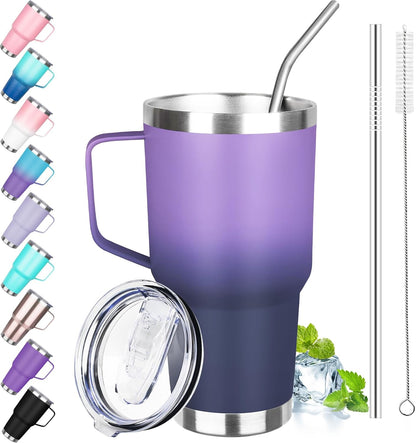 40 oz Tumbler with Handle, Insulated Tumbler with Lid and Straw, Reusable Stainless Steel Vacuum Insulated Cup, 100% Leak Proof Thermal Travel Coffee Mug Cup for Cold and Hot (Light Purple)