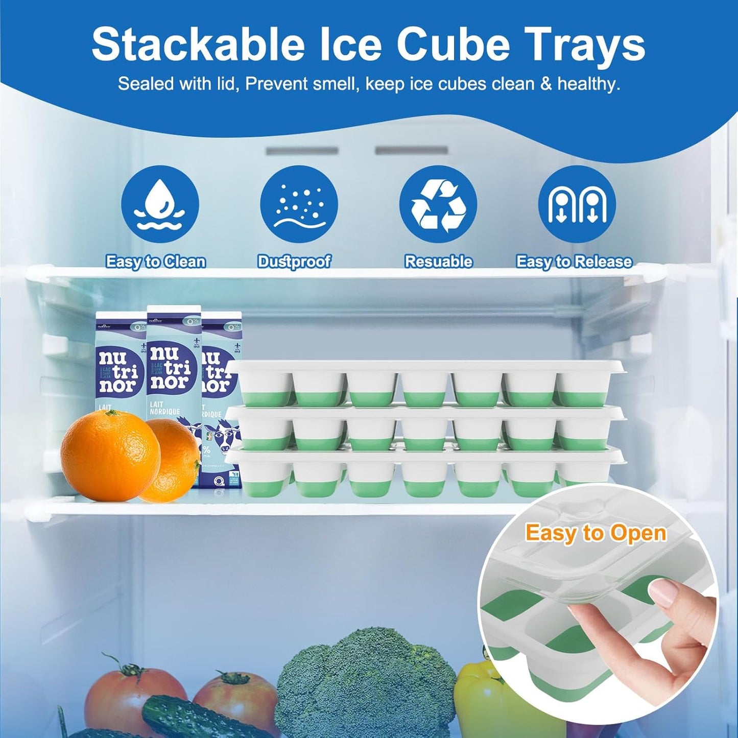 Ice Cube Tray with Lid, 3 Pack Silicone Easy-Release Ice Trays for Freezer, Stackable Ice Cube Molds for Drinks, Cocktails, Whiskey, Coffee - BPA-Free and Odor-Free,Ice Cube Trays for Freezer