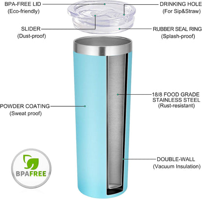 VEGOND Stainless Steel Skinny Tumbler, 20 oz Vacuum Insulated Tumbler with Lid and Straw, Double Wall Coffee Cup, Travel Mug for Cold Hot Drinks, Light Pink 1 Pack