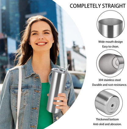 8 Pack 20 Oz Straight Skinny Tumblers, Individually Gift Boxed Stainless Steel Slim Skinny Tumbler Set Bulk, 20 Oz Insulated Slim Thin Travel Tumbler Cup for Diy, Silver