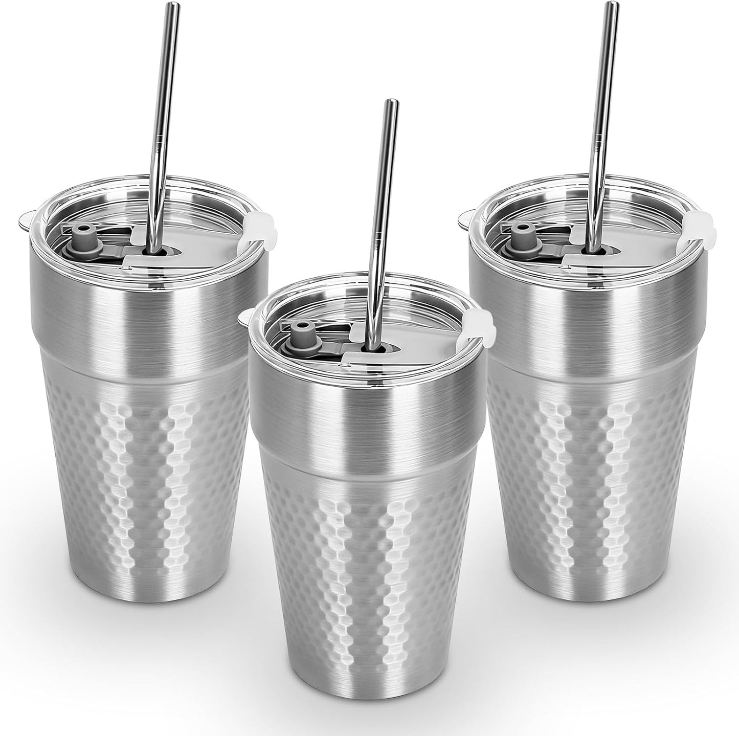 15oz Stainless Steel Tumbler with Lid and Straw, 3 Pack Double Wall Vacuum Insulated Drinking Glasses, Sweat-Proof Metal Cup Suitable for Ice Drinks and Hot Beverage
