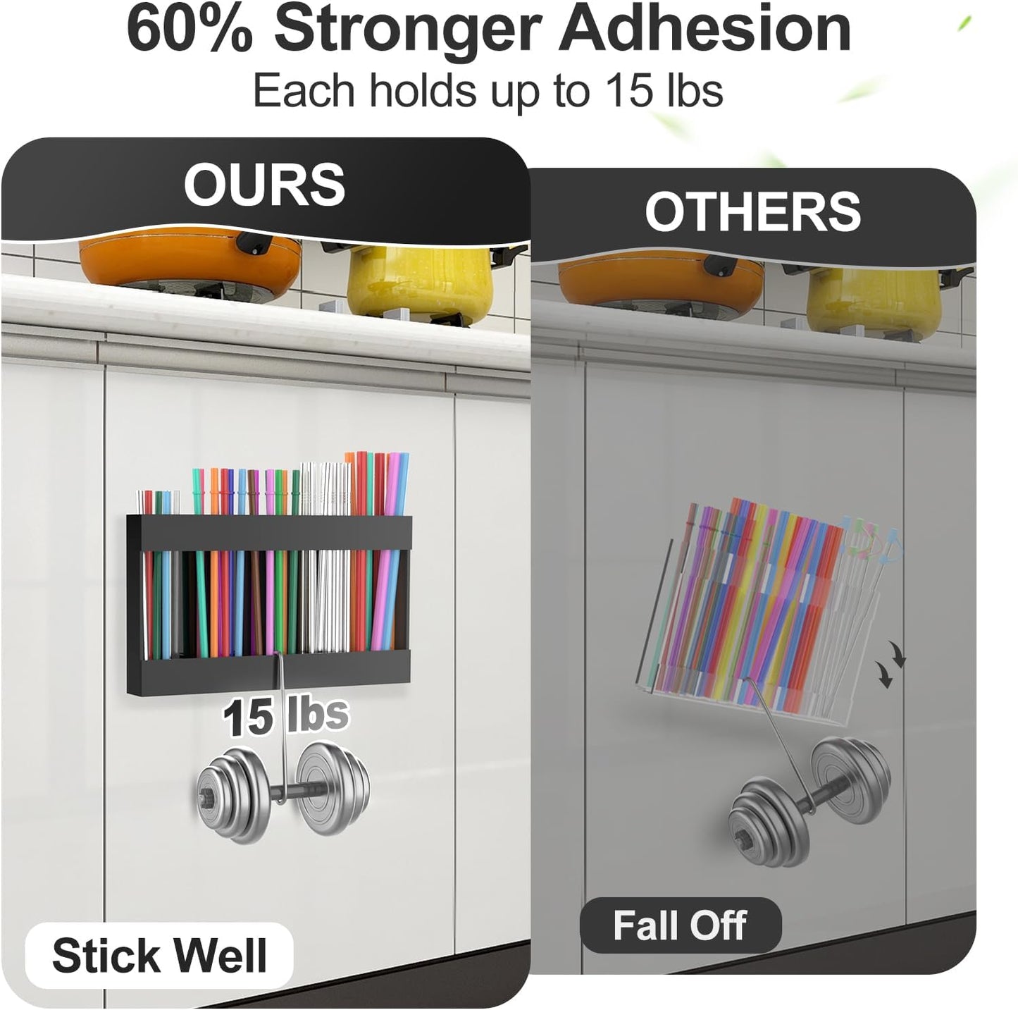 9.5” Large Acrylic Straw Holder for Cabinet Door with Detachable Ultra Sticky Adhesive Squares and Stickers, 2026 Reusable Straws Organizer Storage Dispenser for Kitchen Counter Cupboard