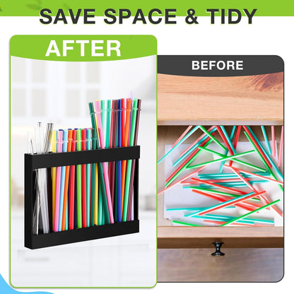 Qinyoung Acrylic Straw Holder for Cabinet Door with Double Sided Adhesive Tape Reusable Straw Organizer Tumbler Storage Kitchen Accessories Container for Counter Cupboard(Classic,Large,Transparent)