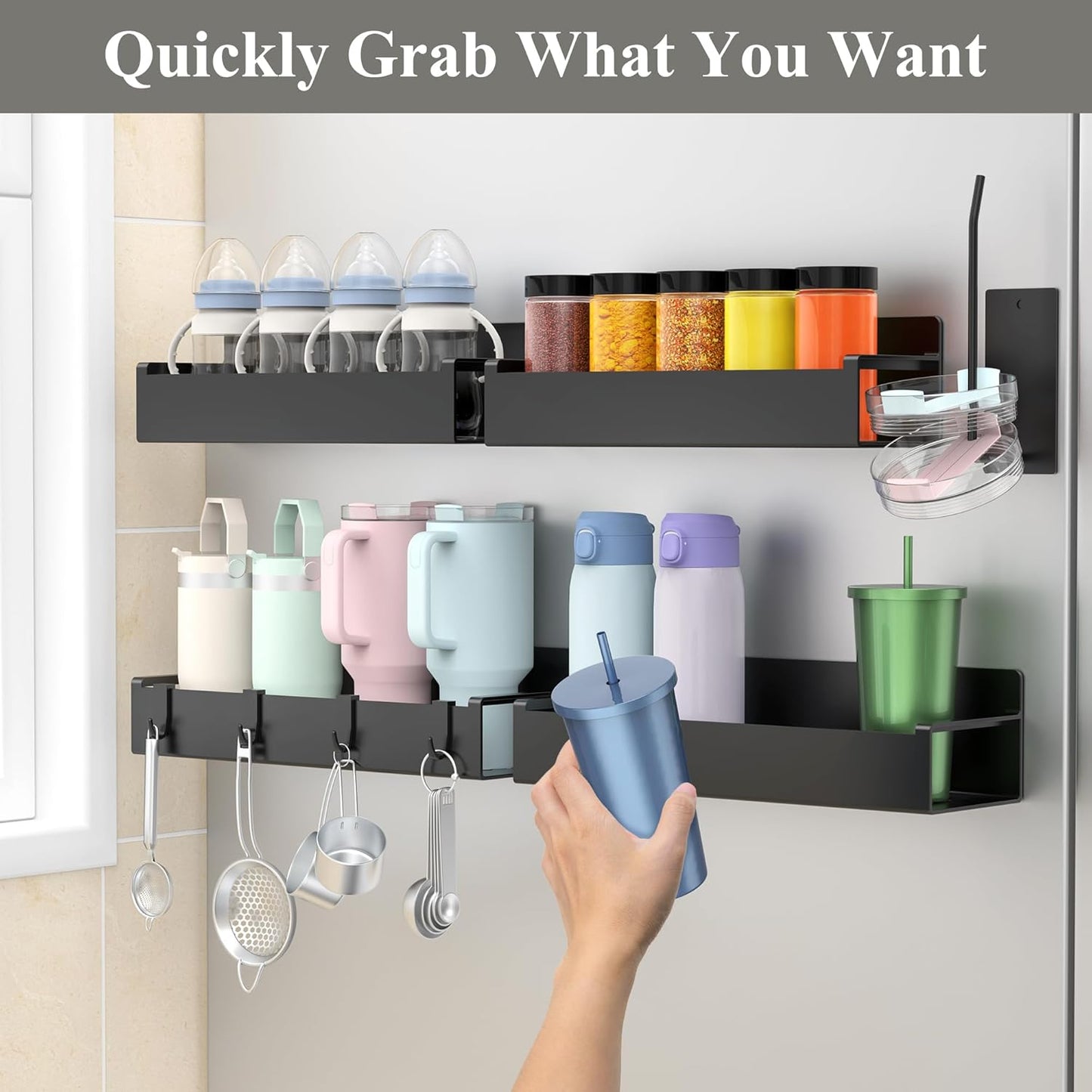 HuggieGems Magnetic Water Bottle Holder for Refrigerator, Cup Holder Organizer for Stanley and Tumbler for Kitchen, 4 Pack, Black