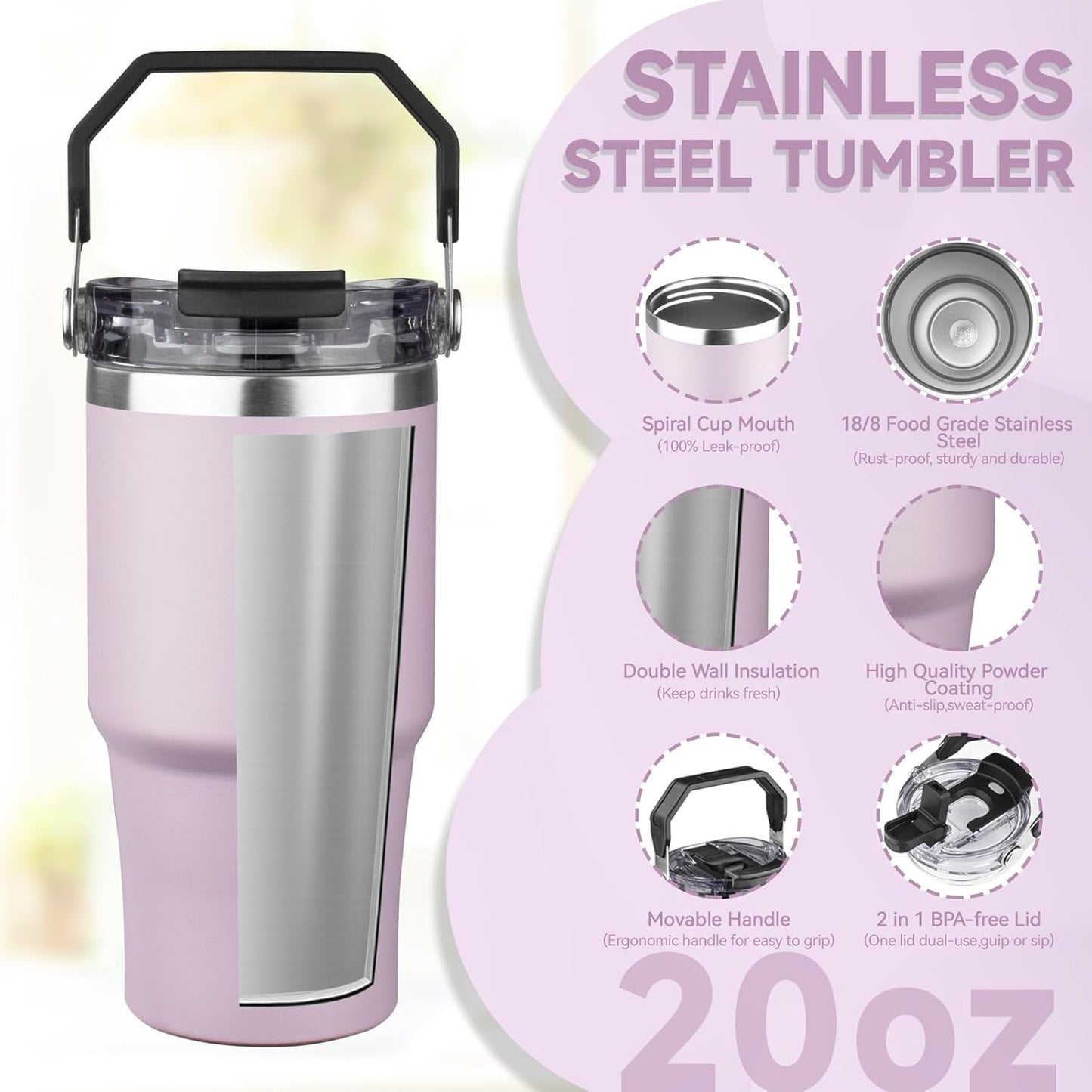 30oz Tumbler with Handle and Flip Straw Lid Double Wall Insulated Travel Coffee Mug Stainless Steel Vacuum Insulated Coffee Tumbler Cup for Hot and Cold Beverages,Leak-proof&BPA-free (30oz,Black)