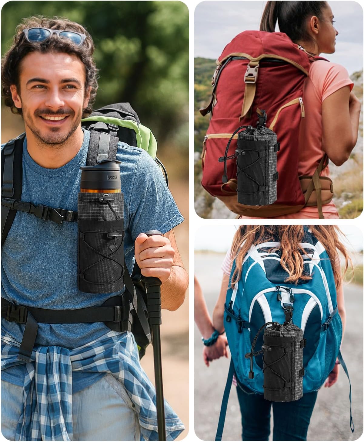 Large Water Bottle Holder Pouch Bag, Backpack Water Bottle Holder Mesh Bag Carrier Fits for 10-32oz Bottles, Heavy-Duty Water Bottles Holder Accessories for Hiking, Sports, Travel, Outdoor