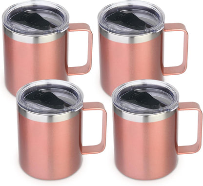 Volhoply 14oz Insulated Stainless Steel Coffee Mug with Lid Bulk 4 Pack,Double Wall Vacuum Travel Coffee Cup with Handle,Reusable Metal Cups Tumbler Cup,Camping Mugs,Ideal Gifts(Mix,4)