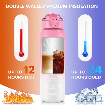 SLUXKE 24oz Insulated Water Bottle 18/10 Stainless Steel with 2Lids(Straw Lid& Spout Lids), 700ml Double Wall Vacuum Water Bottle with Handle Keep Cold and Hot for Men, Women & Kids PURPLE PINK
