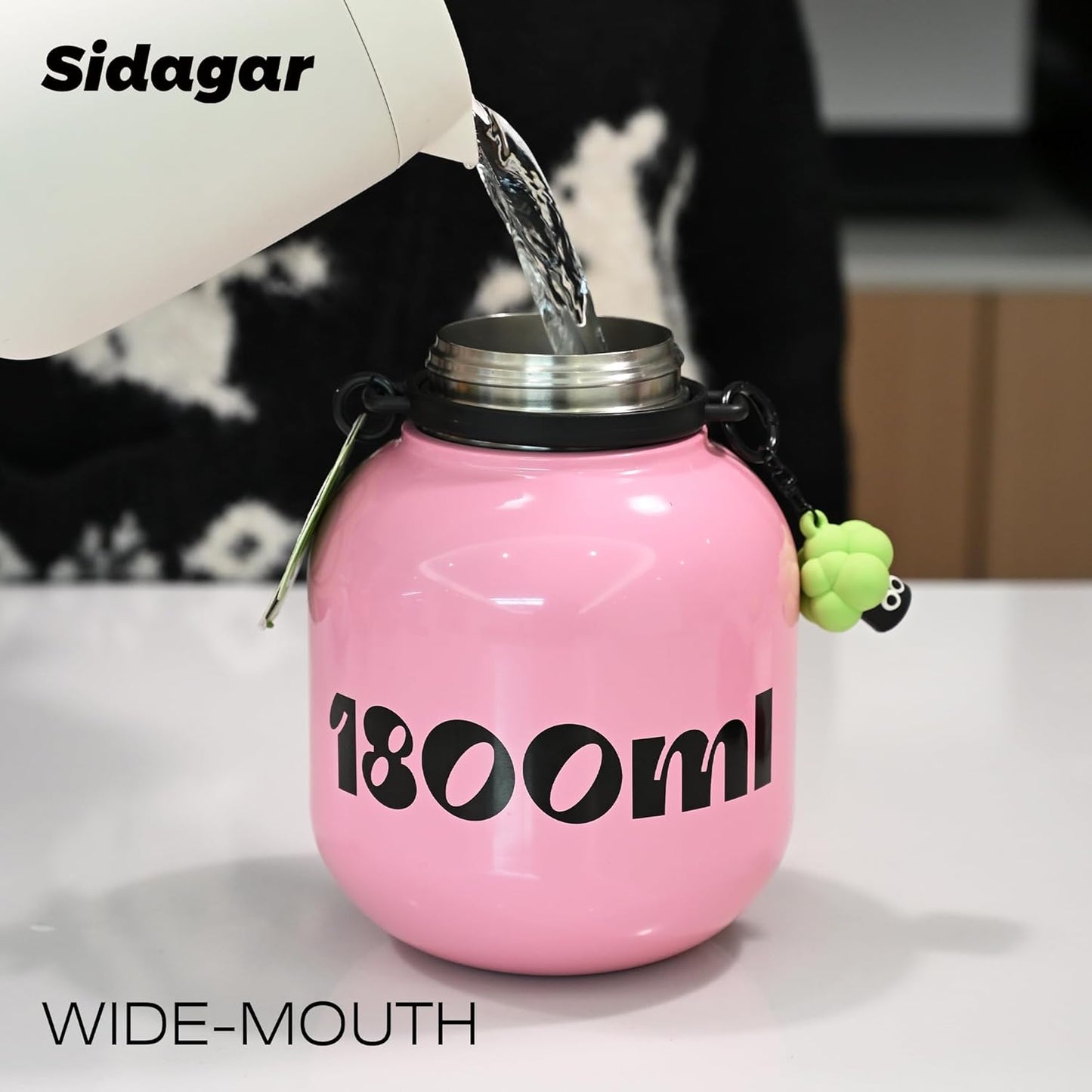 60 oz Big Gallon Water Bottle with Straw and Carry Handle, Black Wide Mouth Vacuum Water Jug, Insulated Stainless Steel Bottles; Heavy-Duty Aesthetic Yoga Flask for Women, Sweet & Cool Black