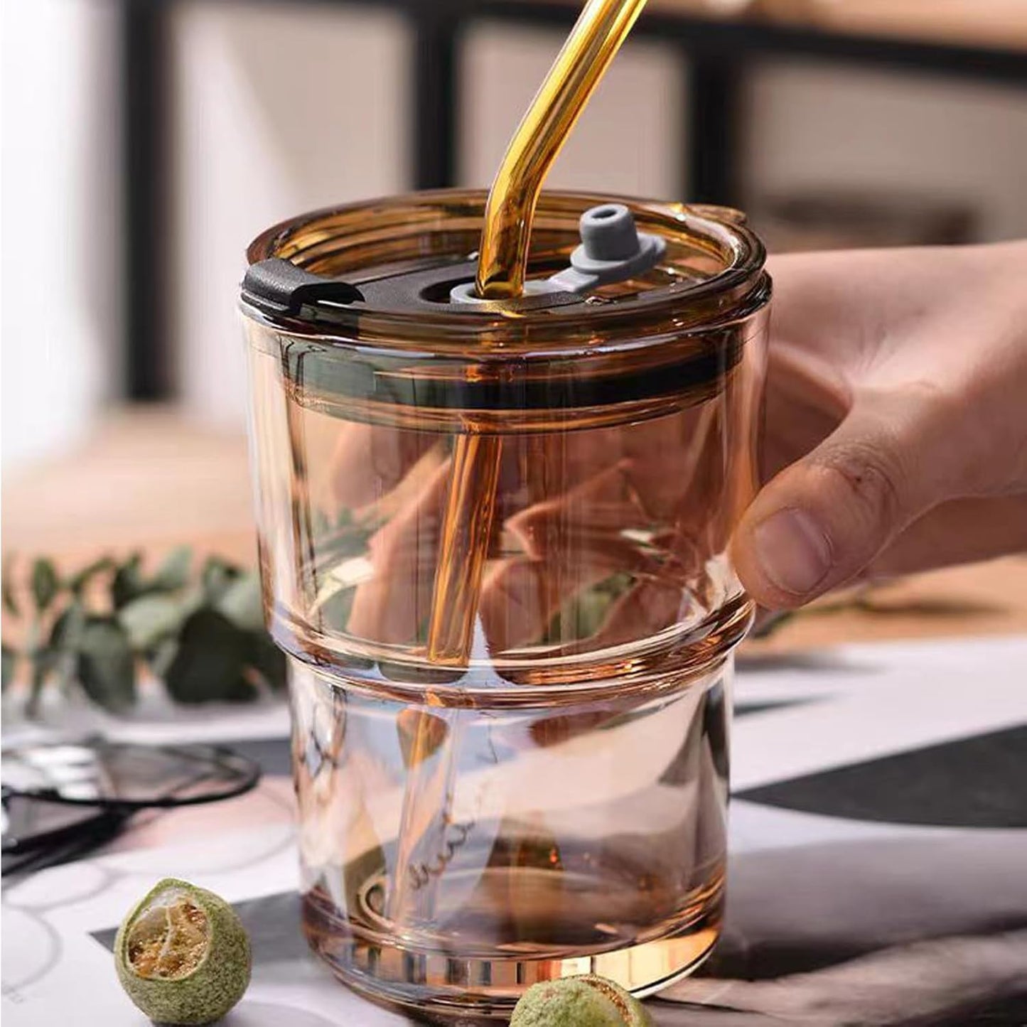 13oz Glass Tumbler with Straw and Lid Sealed, Carry On Reusable Iced Coffee Cups,Thick Wall Glass Coffee Drinking Glassware Cups