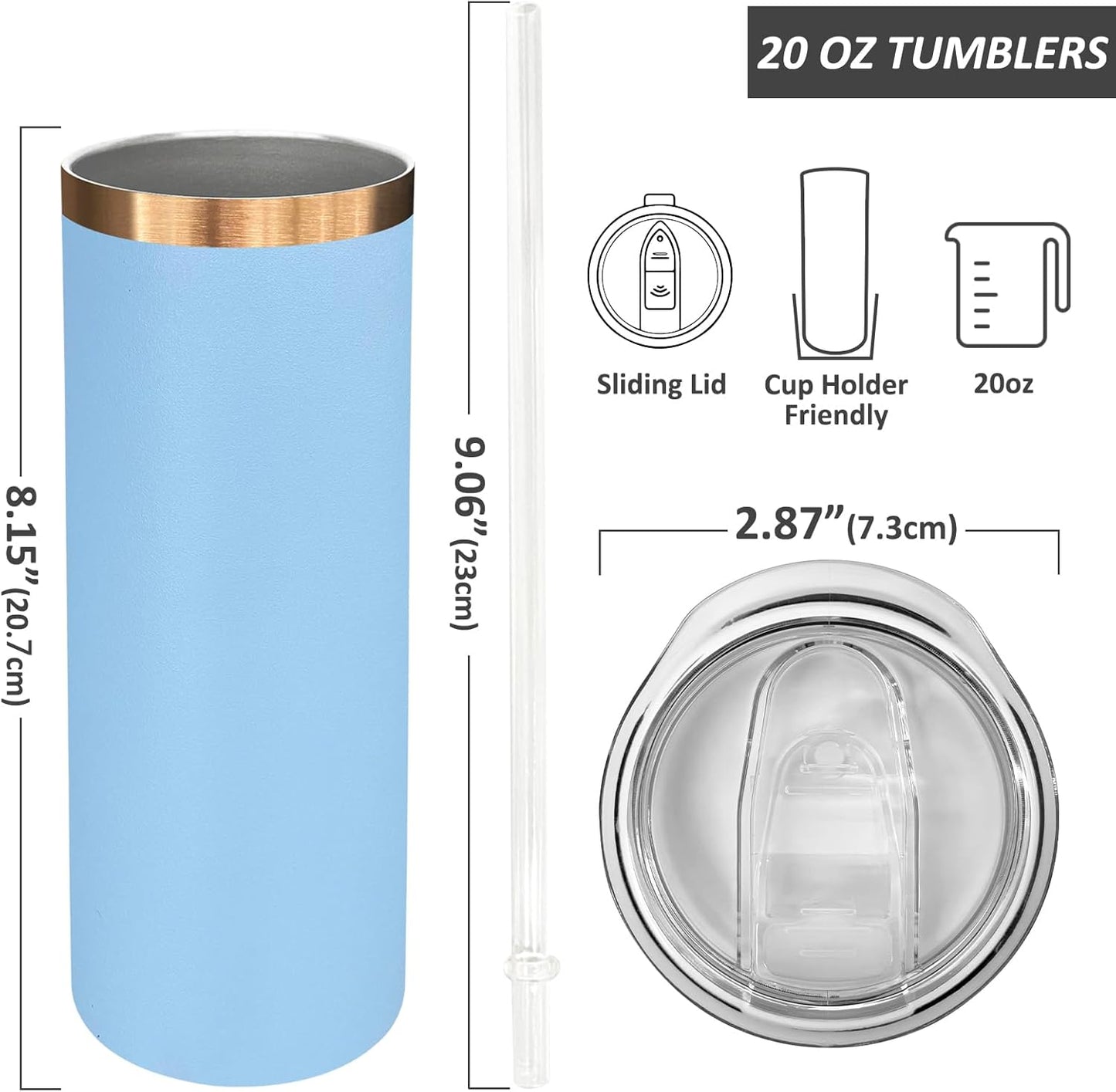 20 oz Skinny Tumblers Bulk, Stainless Steel Insulated Tumbler with Lids and Straws, Slim Double Wall Powder Coated Travel Coffee Mugs Reusable Cup for Hot Cold Drinks (Black,1 pack)