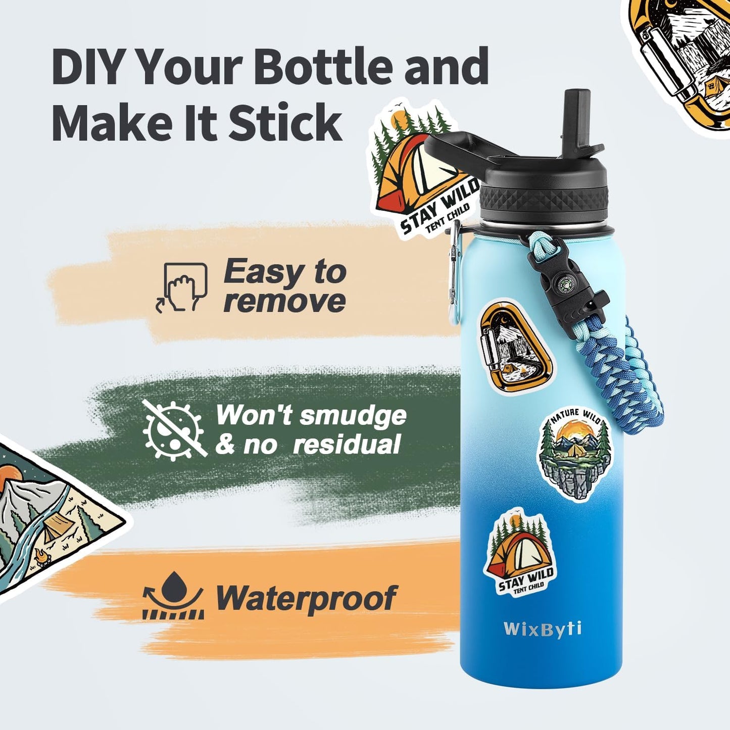 WixByti 40 oz Insulated Water Bottle with Straw (Cold for 36 Hrs), Stainless Steel Triple Wall Vacuum Sports Water Jug, Leakproof Hydro Cup Flask with Paracord Handle & Straw Spout Lids & DIY Stickers