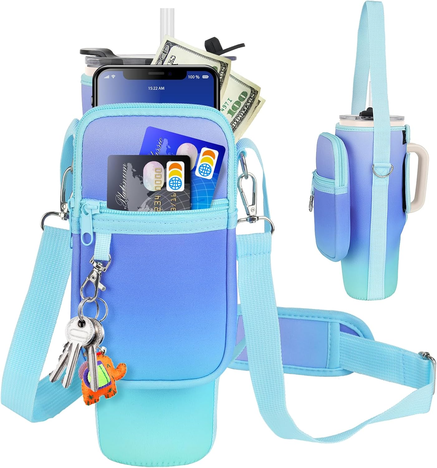 LEFOR·Z Water Bottle Carrier Bag with Phone Pocket Compatible with Stanley/Meoky 40 oz Tumbler with Handle,Water Bottle Holder Pouch with Adjustable Strap Compatible with Stanley Cup Accessories