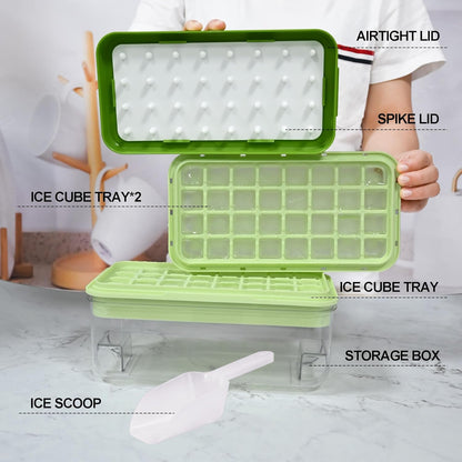 Ice Trays for Freezer with Lid & Bin, Ice Cube Tray Making 64 pcs Ice Cubes, Easy Press to Release Ice, Ice Tray with Storage Bin Chilling Cocktail Whiskey Coffee 2 Trays 1 Ice Bucket & Scoop (Black)