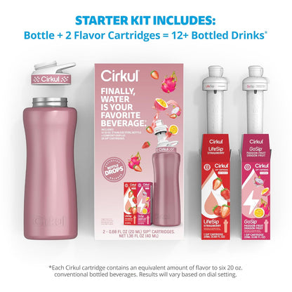 Cirkul 32oz. Chameleon Stainless Steel Water Bottle Starter Kit with Green Lid, 2 Flavor Cartridges (1 LifeSip Blackberry Blueberry, 1 GoSip Berry Blue Punch) No Sugar, Zero Calorie Drink Mix
