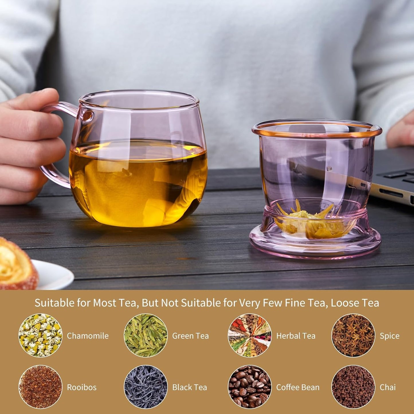 DOPUDO Glass Tea Cup with Infuser and Lid, 17.6oz/520ml Large Borosilicate Teacup,Tea Glass, Clear Mug for Loose Leaf Tea, Blooming Tea, Microwave & Dishwasher Safe - Tea Maker Gift for Birthday.