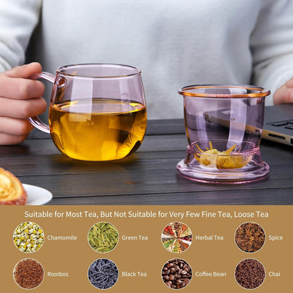 DOPUDO Glass Tea Cup with Infuser and Lid, 17.6oz/520ml Large Borosilicate Teacup,Tea Glass, Clear Mug for Loose Leaf Tea, Blooming Tea, Microwave & Dishwasher Safe - Tea Maker Gift for Birthday.