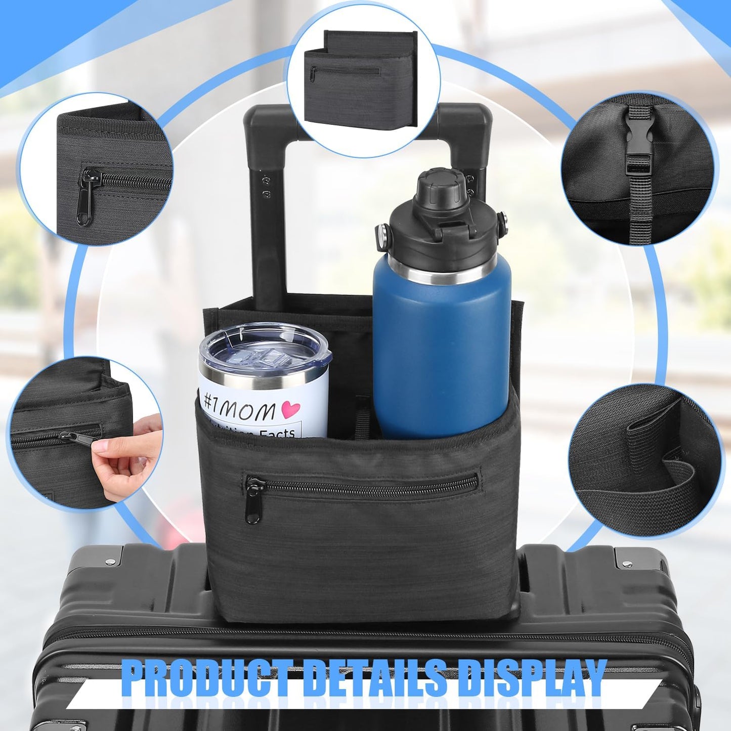 ZHCHG Luggage Travel Cup Holder Attachment for Suitcase Drink Carrier Caddy, Coffee Mug and Tumblers, Traveler Carry on Hands Free Accessory- Gifts for Flight Attendants Travelers Accessories- Black