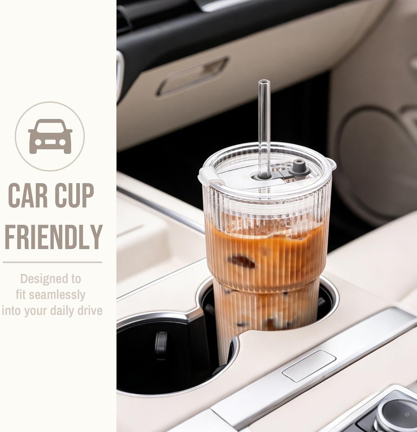 SoulTimes 20oz Glass Cups with Lids and Straws, Ribbed Glass Tumbler for Iced Coffee, Smoothie, Juice & Cold Drinks, Reusable Thick Glassware Set, Elegant Home & Travel Drinkware【2 Pack】