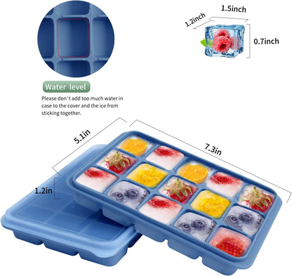 Ice Cube Trays Set of 2, Easy Release 15 Flexible Silicone Ice Cube Molds with Removable Lid Reusable Freezer Ice Trays Stackable for Whiskey, Baby Food, BPA Free (BAMBOO GREEN)