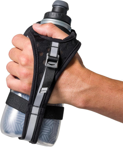 Nathan SpeedDraw 2 Insulated Handheld Running Water Bottle Flask 18oz – Double-Wall Insulation, Ergonomic Grip, Blast Valve Cap, Phone & Key Storage Pockets, Reflective Design