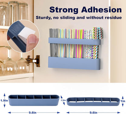 Silicone Straw Holder for Cabinet with Adhesive Tape, Straw Holder for Counter, Storage Organizer for Tumbler Drinking Straws, Cabinet Door Mounted Kitchen Countertop Cupboard Accessories (Blue)