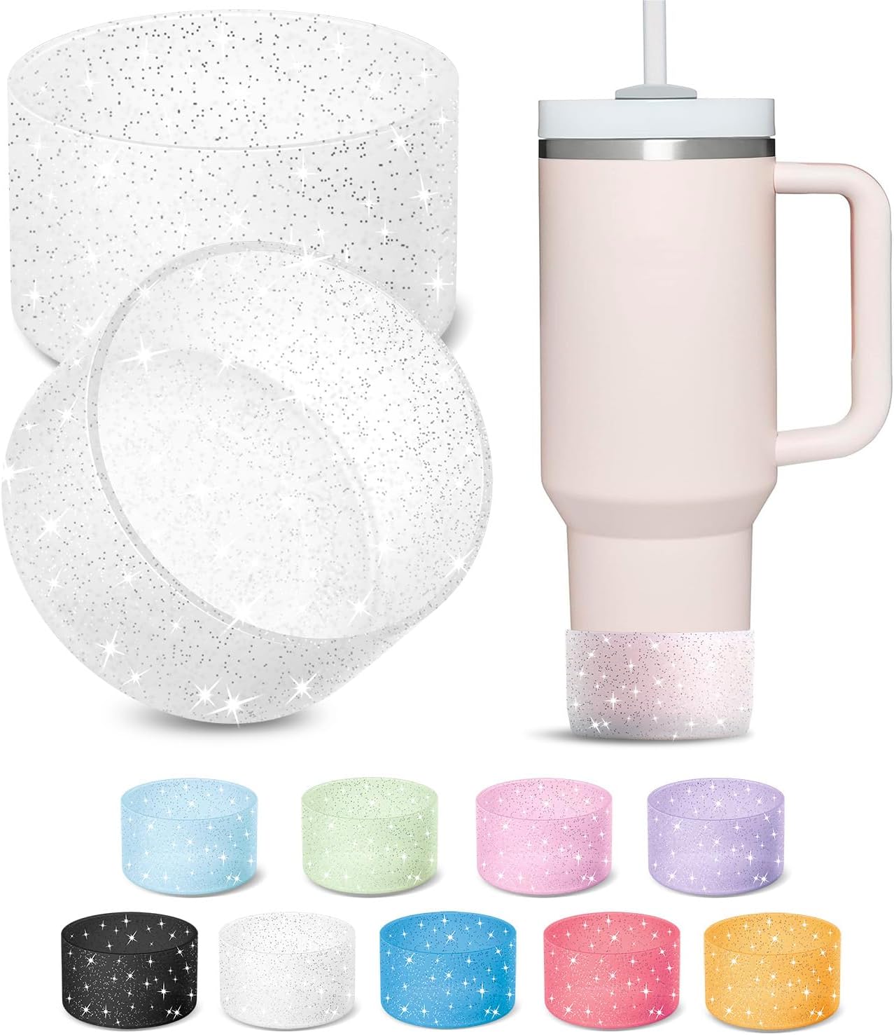 KTKUDY 2 PCS Glitter Silicone Boot Compatible with Stanley Tumbler 20 30 40 oz & Fits Hydro Flask Water Bottle 12-24oz & Fits Yeti, Simple Modern, Owala Cup - Bling Cup Bottom Protector Accessories