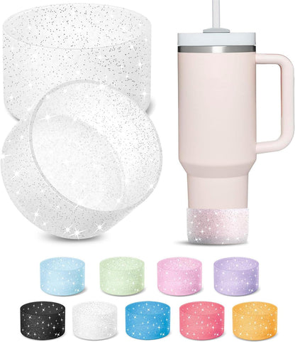 KTKUDY 2 PCS Glitter Silicone Boot Compatible with Stanley Tumbler 20 30 40 oz & Fits Hydro Flask Water Bottle 12-24oz & Fits Yeti, Simple Modern, Owala Cup - Bling Cup Bottom Protector Accessories