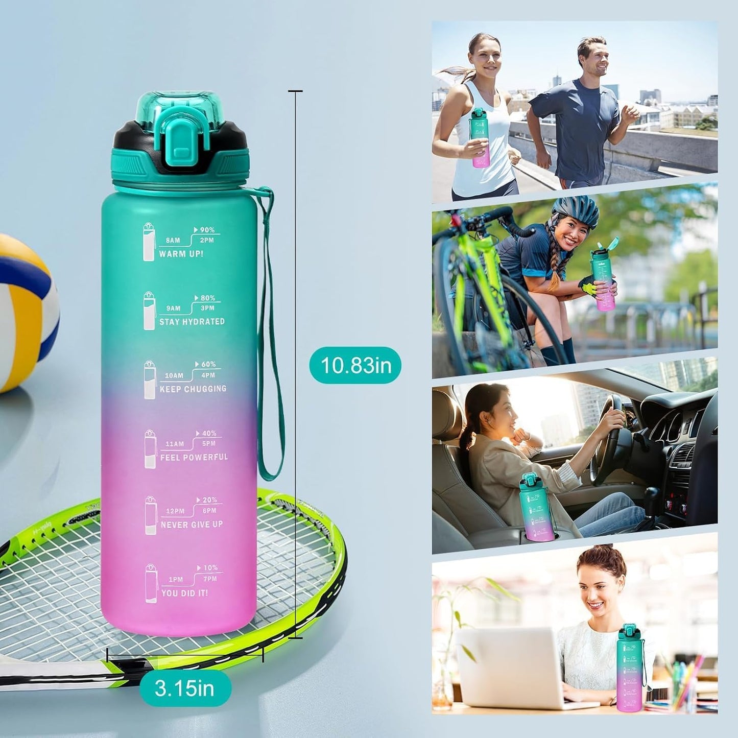 Water Bottle with Straw 1L,Boys Water Bottles with Straw 1 Litre,Waterbottle Leak-Proof Sports Water Bottle,Plastic Drinks Bottles Toxin Free，Bpa-Free (Cyan Black)