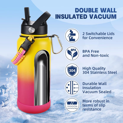 Insulated Water Bottle, 32 oz Stainless Steel Wide Mouth Water Bottles with 2 Leak Proof Lid and Paracord Handle, Double Wall Vacuum Insulated Sports Water Bottle, Purple Black