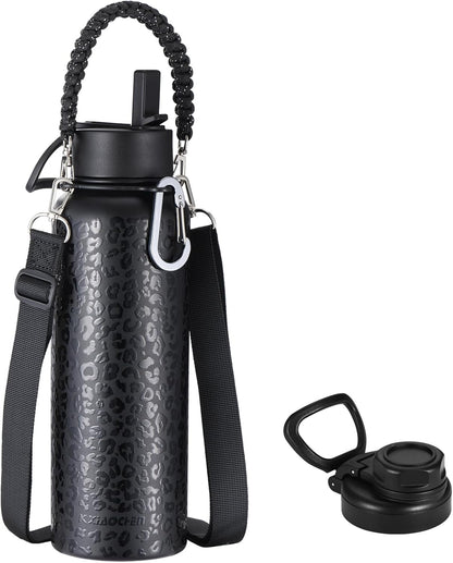 KXIAOCHEN Insulated Water Bottle With Strap, Cold For 48 Hrs Leak Proof, Triple Wall Stainless Steel Sports Water Bottle With Straw And Spout Lid For Gym Hiking Travel