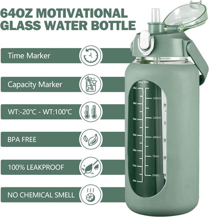 64oz Glass Water Bottles with Straw, Half Gallon Motivational Glass Bottle with Silicone Sleeve and Time Marker, 2L Leakproof Large Glass Water Jug for Gym Home Office,olive
